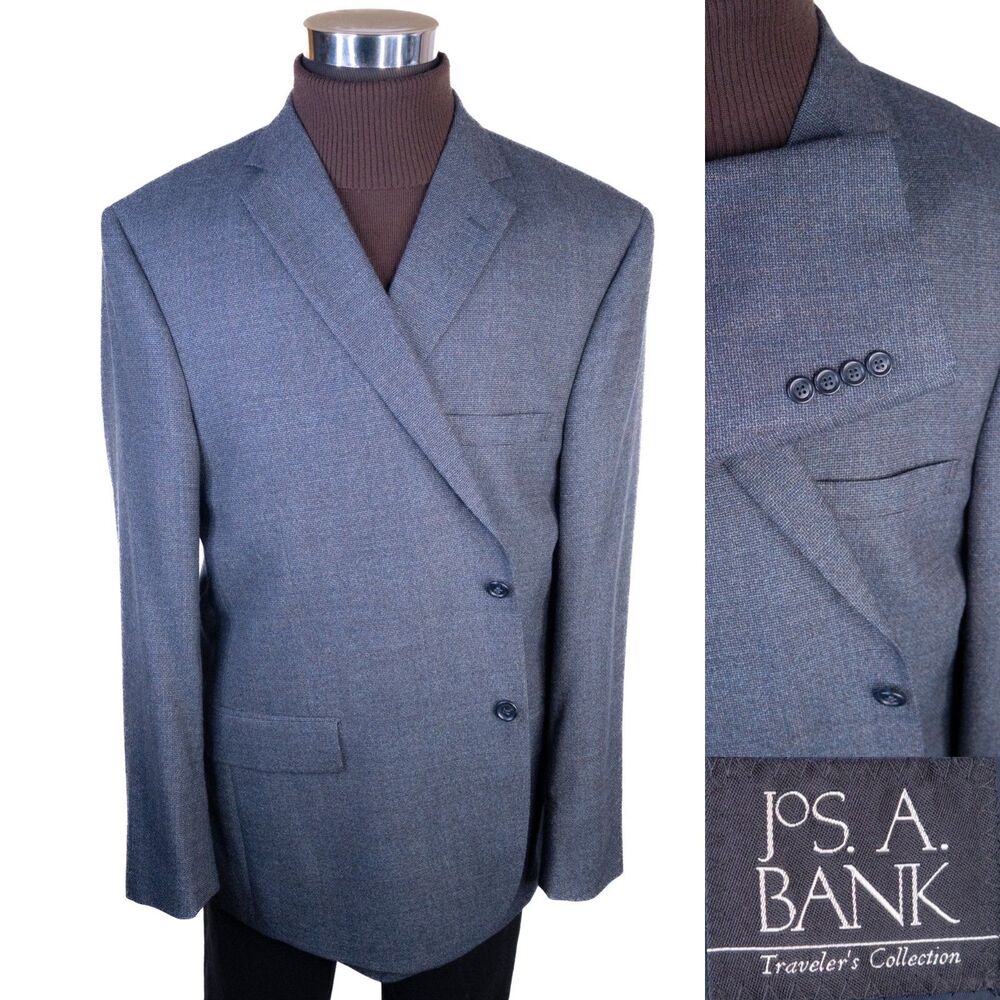 Jos A Bank Traveler's Sport Coat Blazer Jacket Mens 48R Blue 2 Buttons Wool EUC
